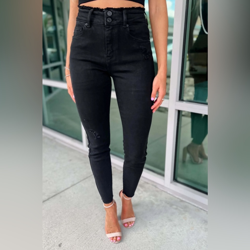 Kancan Bad Habits Black Denim Distressed Skinny Jeans Raw Hem 26